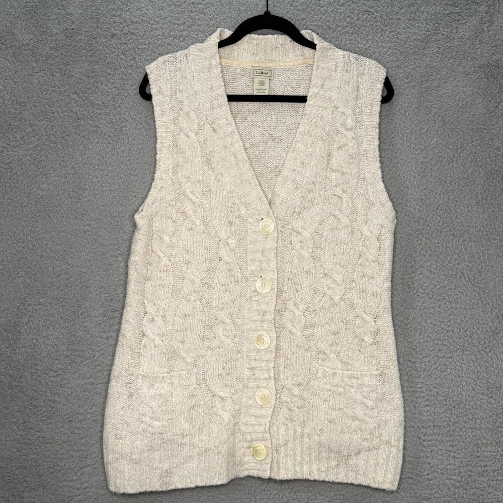 L.L.Bean Cable Knit Lambswool Blend Sweater Vest Button V Neck Cream Women Large